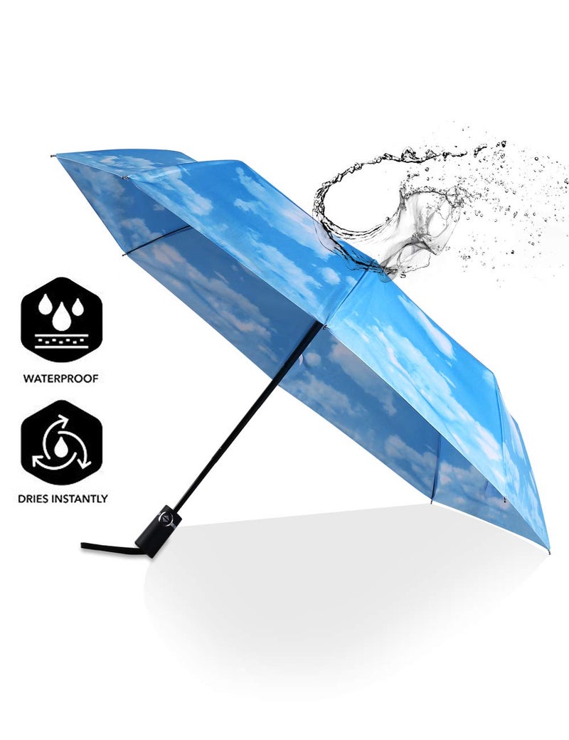 SY COMPACT Travel Umbrella Windproof Factory outlet Compact Automatic Umbrellas for Rain Compact Small UV Sun Protection Umbrella Durable Waterproof Lightweight Rust Resistant-Fits Backpack Car Purse (Blue Sky) - Image 3